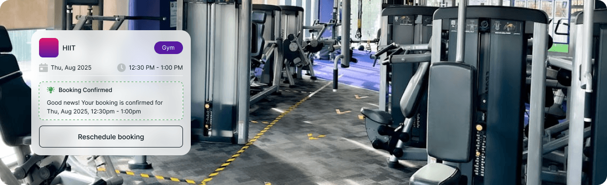 Gym interior with booking confirmation overlay
