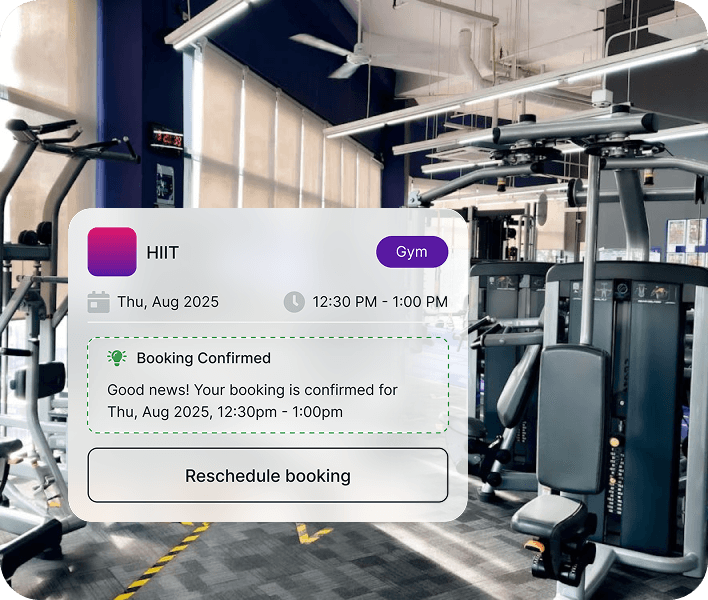 Gym interior with booking confirmation overlay